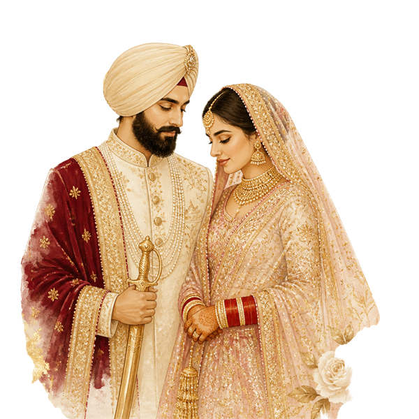 Illustration of a Sikh bride and groom in traditional wedding attire
